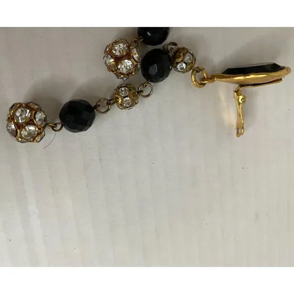 Gold & Black Faceted Glass Beads Clip-On Dangle Earrings With Rhinestone Accents - Picture 3 of 3